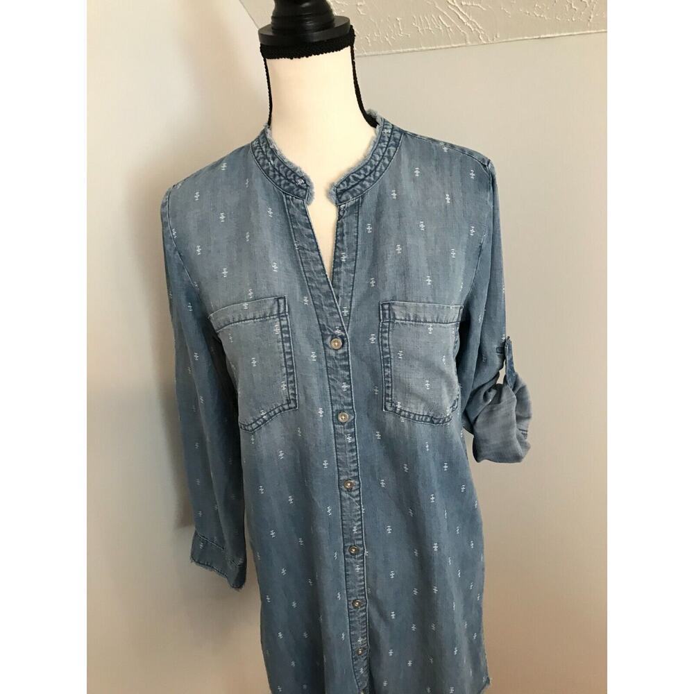 Anthro Cloth & Stone Mary Lou Chambray Shirt Dress Raw Hem Ikat XS - Picture 3 of 11